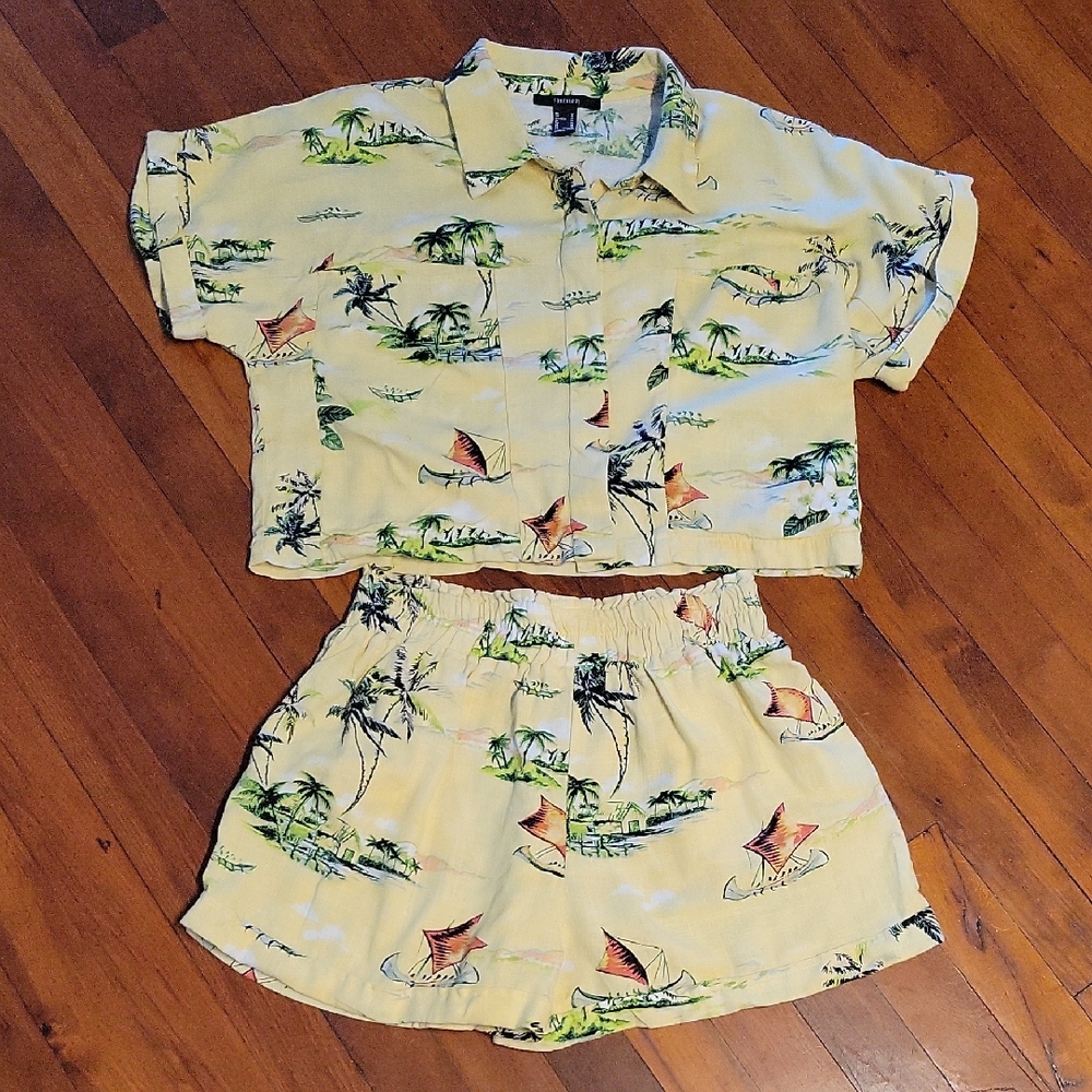 Forever 21 Yellow Tropical Button-Down Crop Top